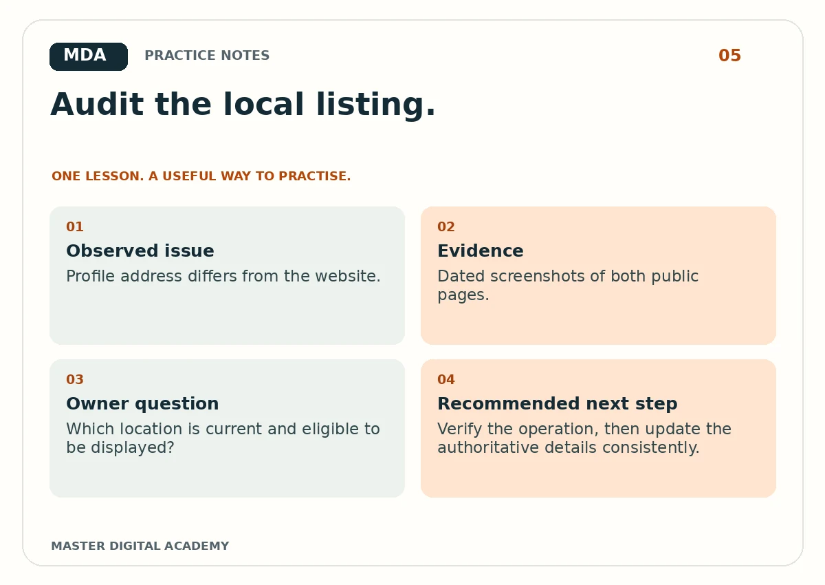 Practice graphic for A Google Business Profile Audit You Can Practise Without Changing a Listing