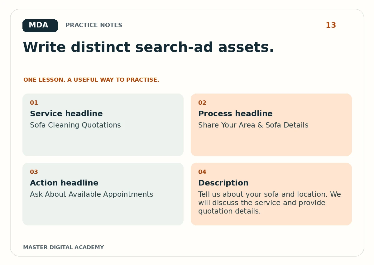 Practice graphic for Write Better Search Ad Assets: A Practical Beginner Copy Exercise