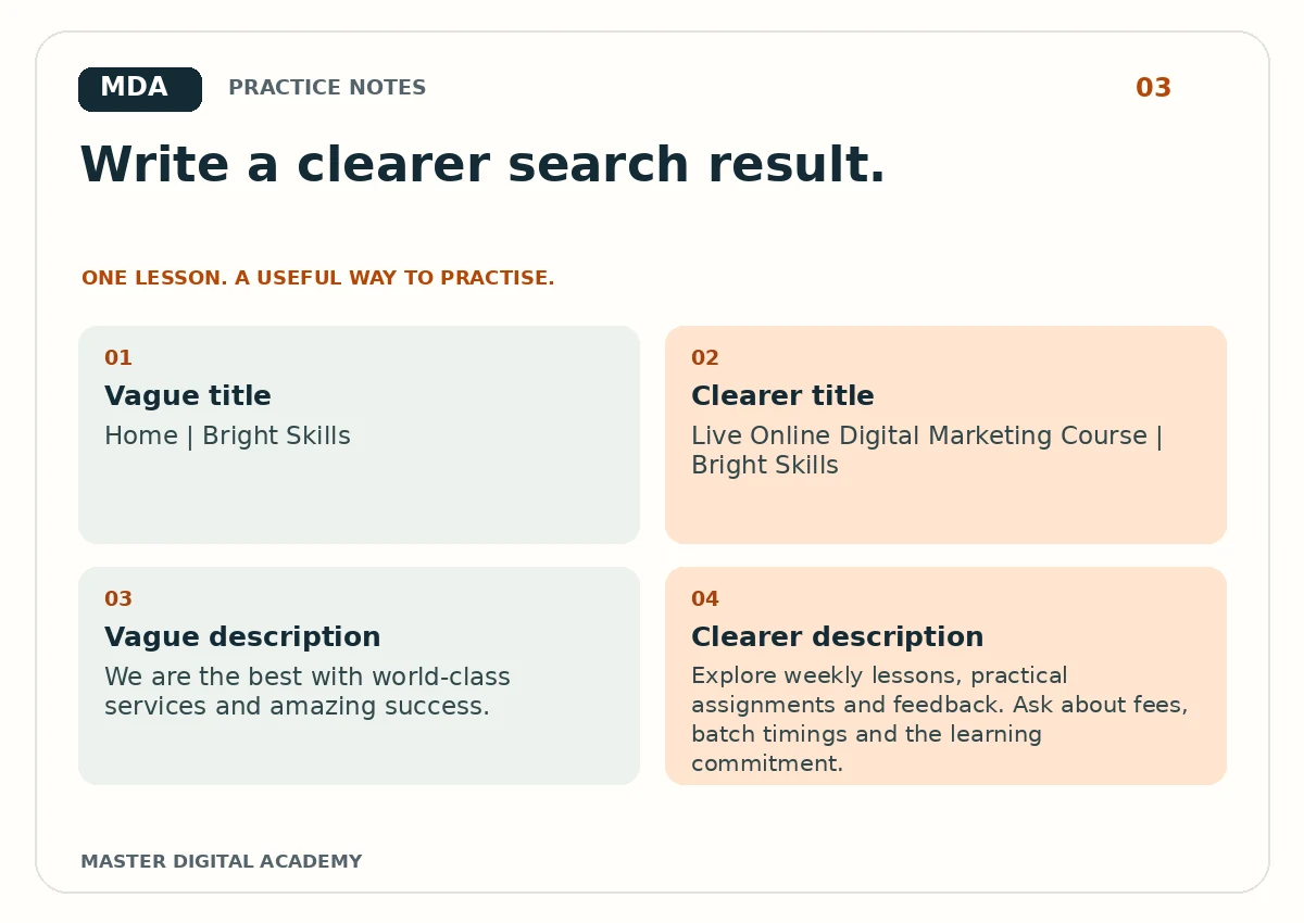 Practice graphic for SEO Titles and Meta Descriptions: Before-and-After Practice Examples