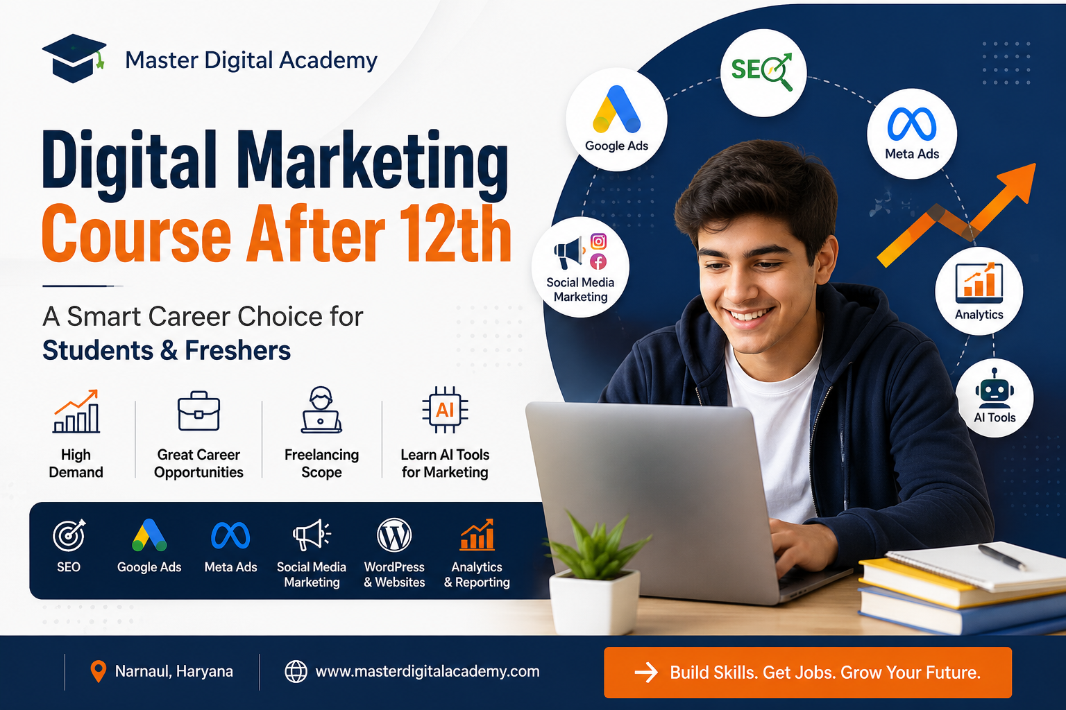 Student learning digital marketing course after 12th with SEO Google Ads Meta Ads and AI tools